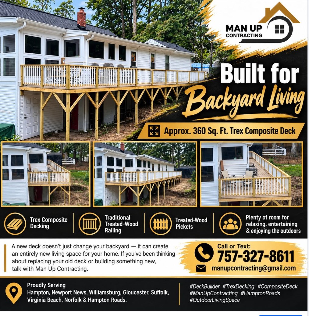 Man Up Contracting deck ad: approx. 360 sq. ft. Trex composite deck with feature icons