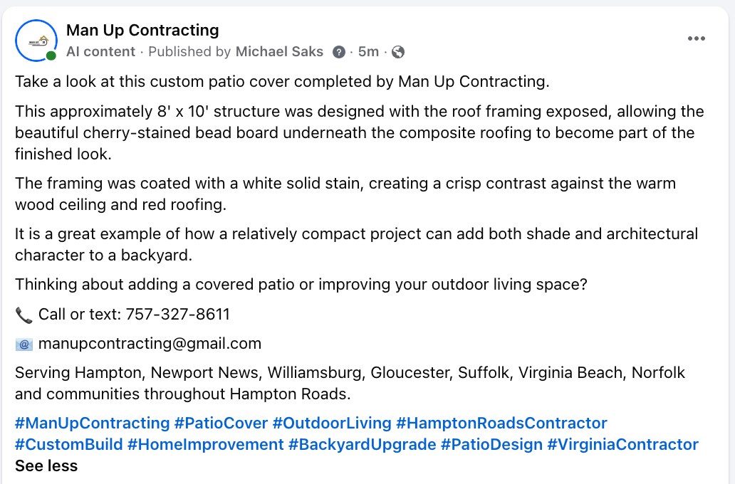 Facebook post copy for the patio cover on the Man Up Contracting page