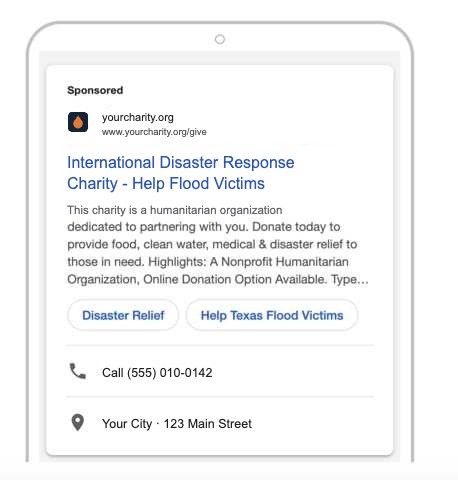 Mock-up of the brand search ad with the flood sitelink