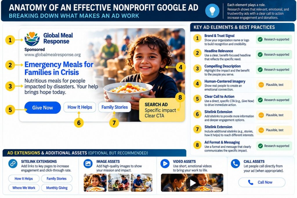 Annotated anatomy of a fictional nonprofit Google ad with eight numbered elements
